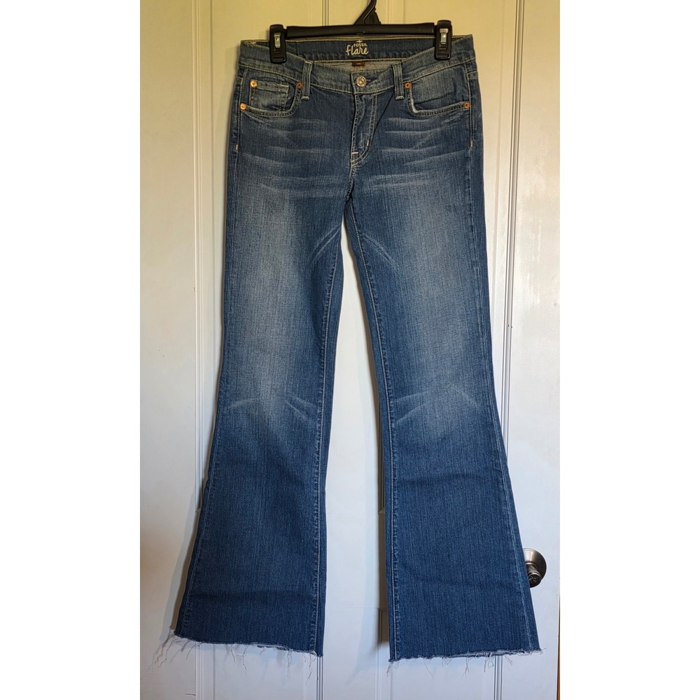 Fossil Flare Jeans Womens 28L Vintage Y2K Low Rise Raw Hem Medium Wash Denim